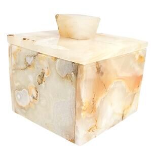 Vintage Luxurious Pakistan Cream Gold Orange Onyx Stone Box with Lid/Handle